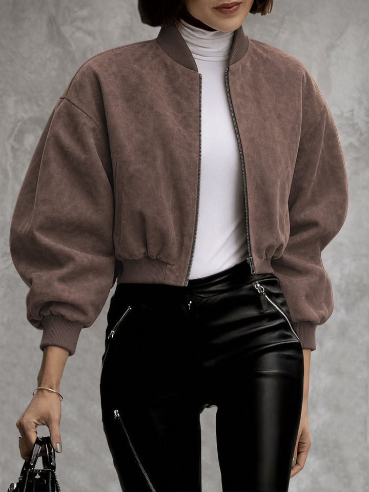 Veste courte à fermeture éclair, à taille élastique, à manches longues, à col rond, couleur unie