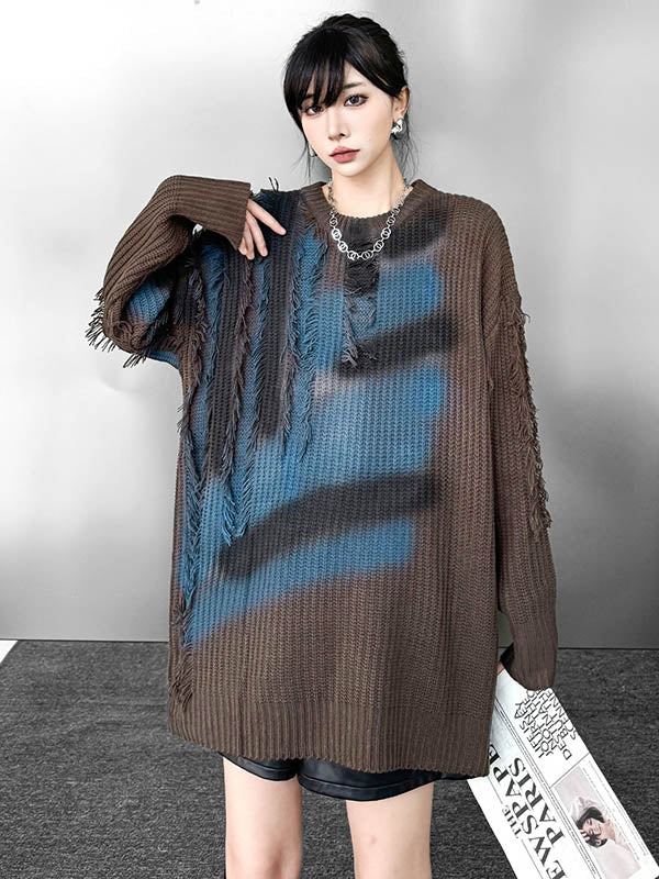 Irrégularité manches longues imprimé abstrait asymétrique contraste couleur fendue glands col rond pull hauts