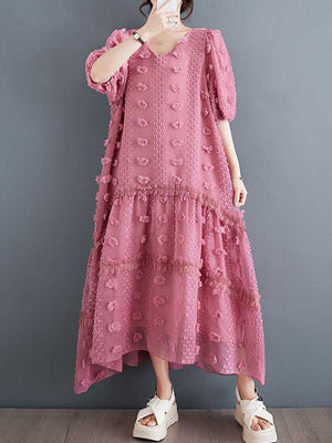 Robe mi-longue coupe trapèze, à manches mi-longues, à taille élastique, en jacquard, à empiècements, à col en V, couleur unie