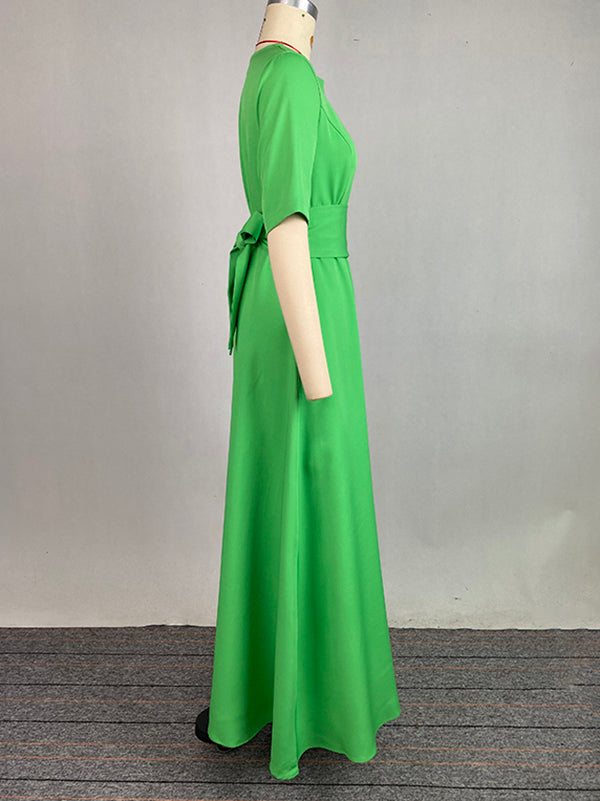 Robe longue à manches mi-longues, taille haute, à taille nouée, à col en V, couleur unie