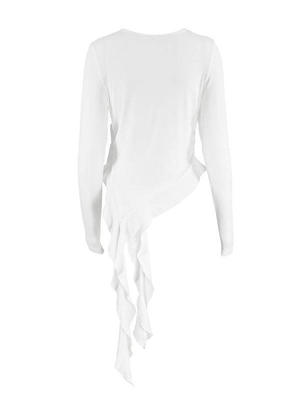 T-shirt plissé à manches longues, coupe près du corps, à col rond, couleur unie