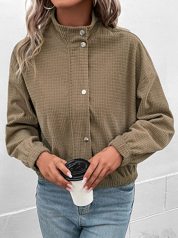 Veste ample boutonnée à manches longues, à fermeture éclair, à col revers, couleur unie
