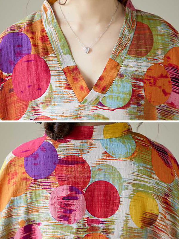 Robe longue à manches chauve-souris, à manches mi-longues, à pois, à col en V, couleur contrastée