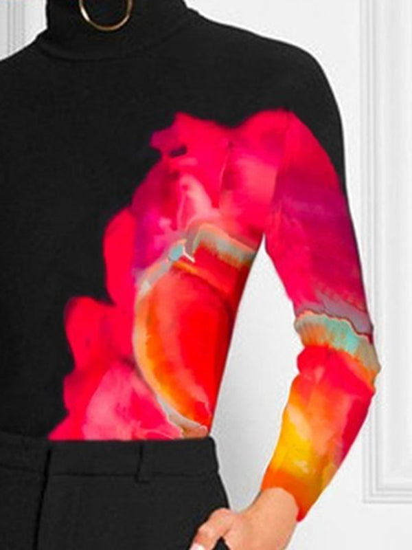 T-shirt imprimé à manches longues, coupe près du corps, à col haut, couleur contrastée