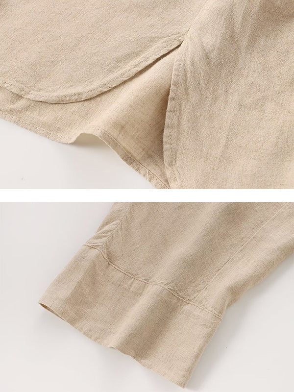 Ensemble deux pièces ample fendu sur le côté plissé à empiècements, à col revers, à taille élastique, couleur unie – chemisier + pantalon