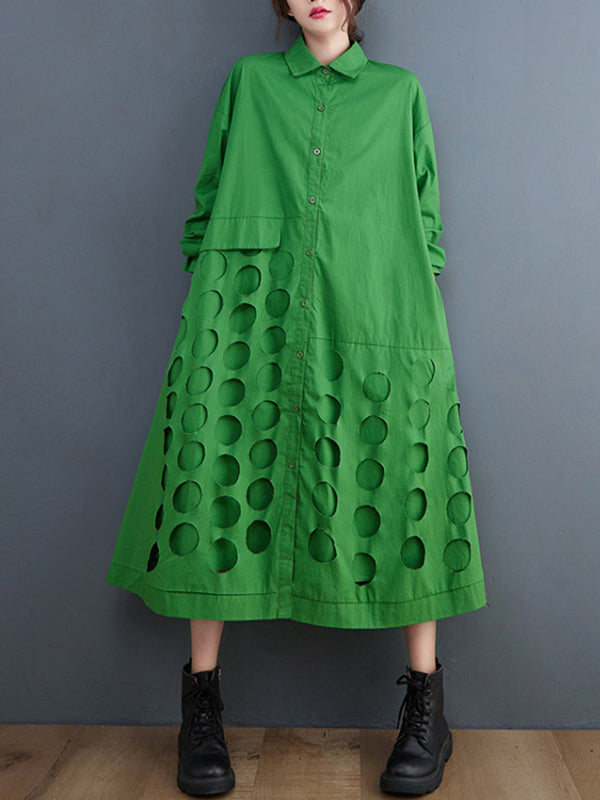 Robe mi-longue asymétrique ajourée coupe trapèze, à manches longues, à pois, à col revers, couleur unie