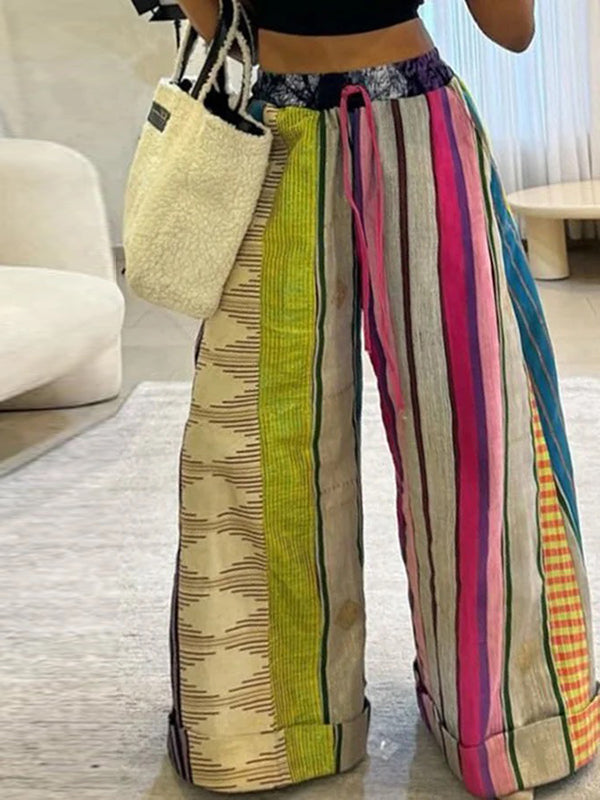 Pantalon ample imprimé rayé décontracté à jambes larges, à cordon de serrage, couleur contrastée