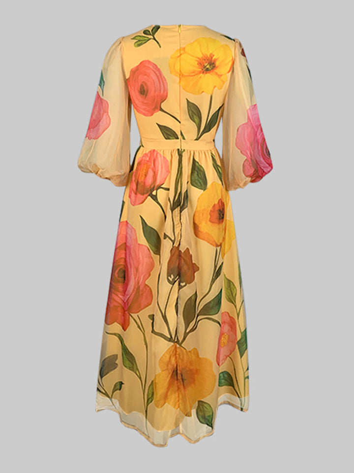 Robe mi-longue transparente ample à imprimé floral, à manches bouffantes, à col rond