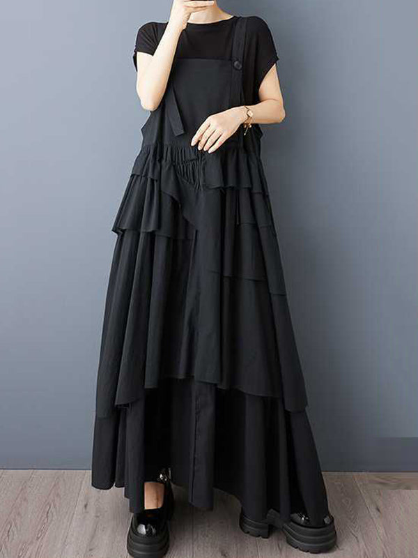 Robe trapèze ample asymétrique boutonnée plissée à col Spaghetti, robe longue à bretelles