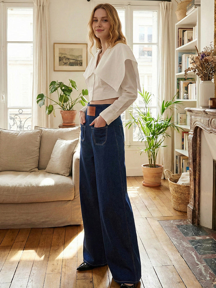 Jean ample taille haute, à taille élastique, à poches, à fermeture éclair, couleur unie