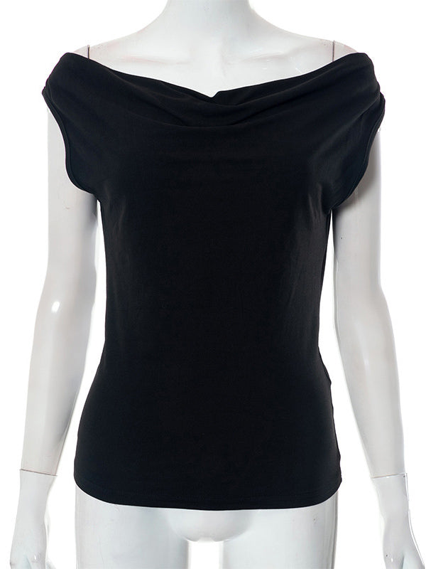T-shirt noué coupe près du corps, sans manches, dos nu, à empiècements, à épaules dénudées, couleur unie