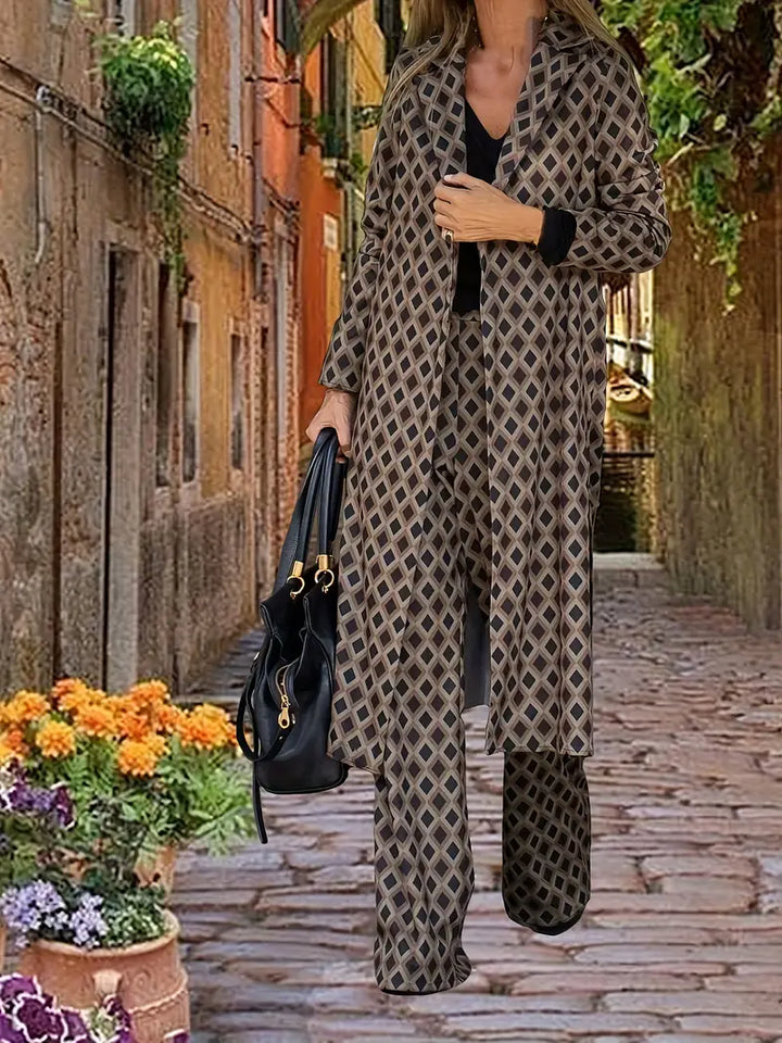 Ensemble Urbain Chic composé d'un long manteau et d'un palazzo avec imprimé géométrique pour femmes
