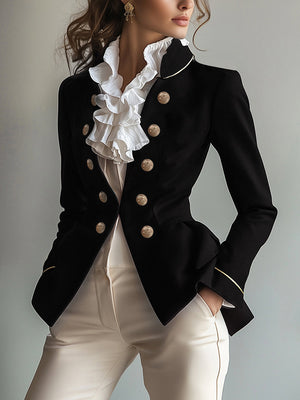 Blazer boutonné à manches longues, coupe près du corps, à empiècements, à col montant, couleur unie