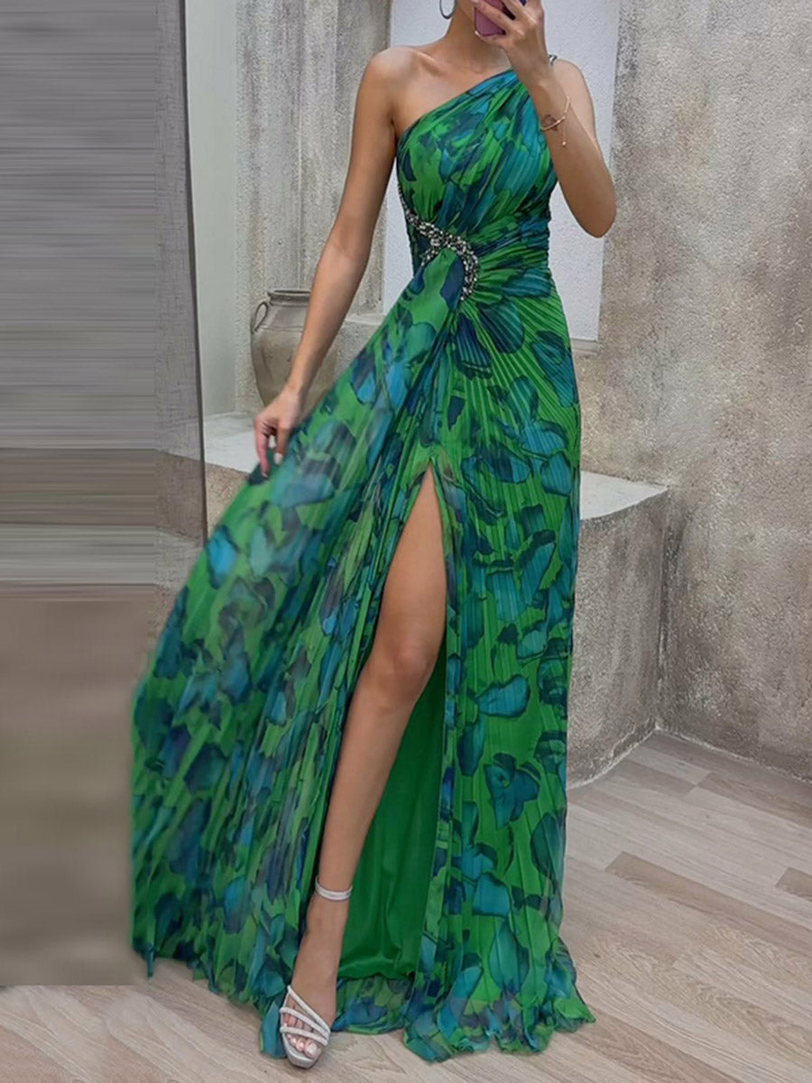 Robes longues de soirée à une épaule fendue sur le côté plissé léopard sans manches