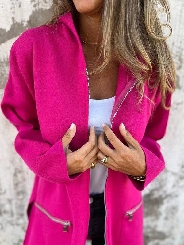 Veste à capuche, à manches longues, à poches, à empiècements, à fermeture éclair, couleur unie