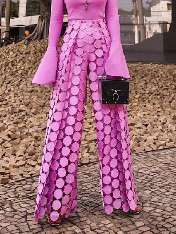 Pantalon ajouré taille haute, à jambes larges, à pois, couleur unie