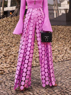 Pantalon ajouré taille haute, à jambes larges, à pois, couleur unie