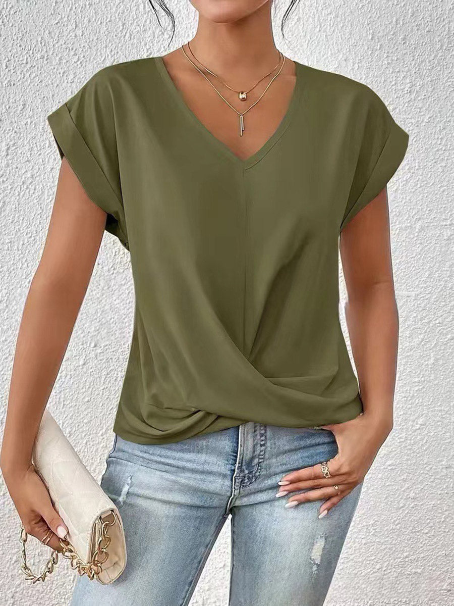 T-shirt ample plissé à manches courtes, à col en V, couleur unie