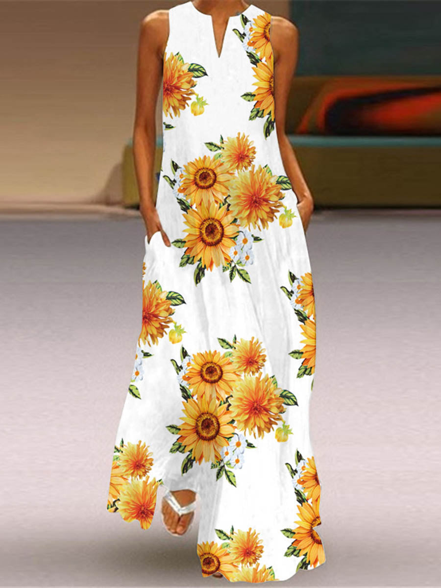 Robe longue ample imprimée coupe trapèze, à poches, à empiècements, à col en V, couleur contrastée
