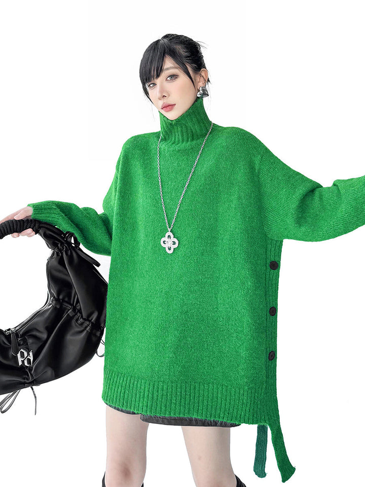 Irrégularité Manches Longues Côtes Boutonnées Couleur Unie Joint Fendu Col Haut Pull Hauts