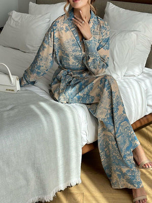 Ensemble deux pièces boutonné imprimé à manches longues, à taille nouée, à col cranté, taille haute – chemise + haut + pantalon
