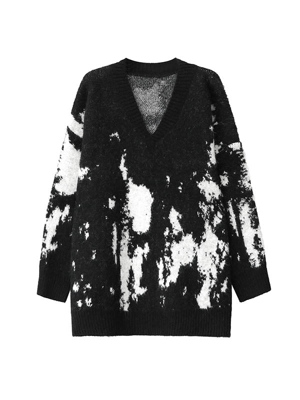 Pull ample à manches longues, imprimé abstrait, couleur contrastée, côtes fendues, col en V