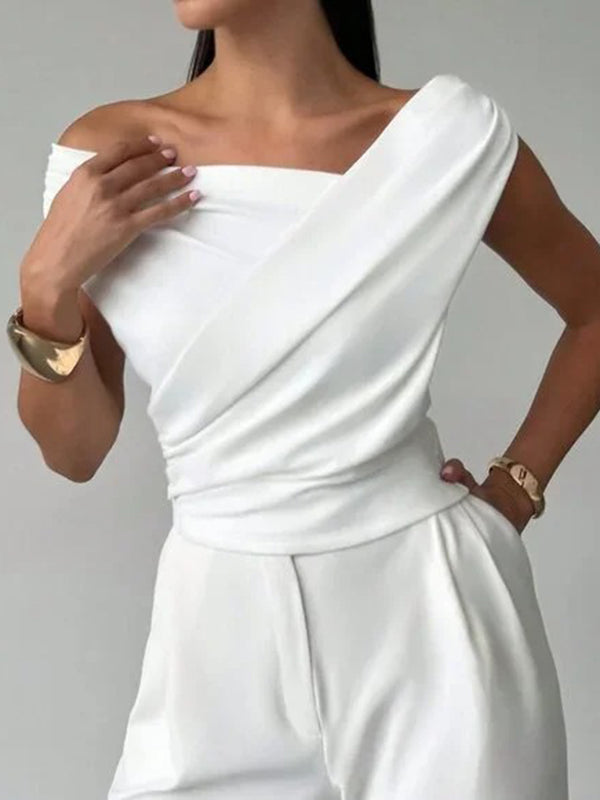 Manches courtes maigre asymétrique plissé couleur unie à empiècements décolleté asymétrique T-shirts hauts
