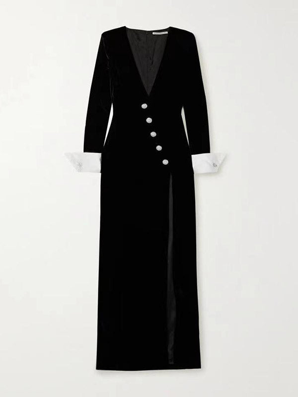 Robes longues à manches longues et asymétriques boutonnées avec épaulettes fendues sur le devant et col en V profond