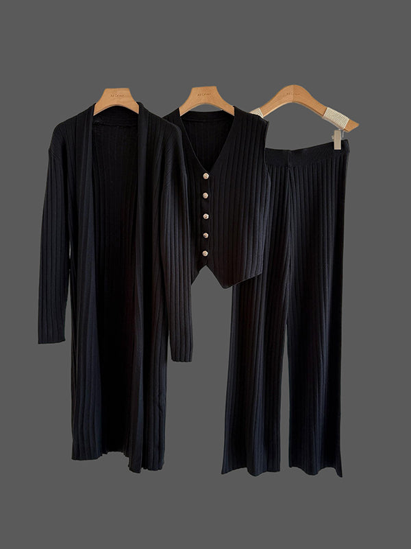 Ensemble trois pièces en tricot sans manches à col en v + cardigan à manches longues + pantalon taille haute