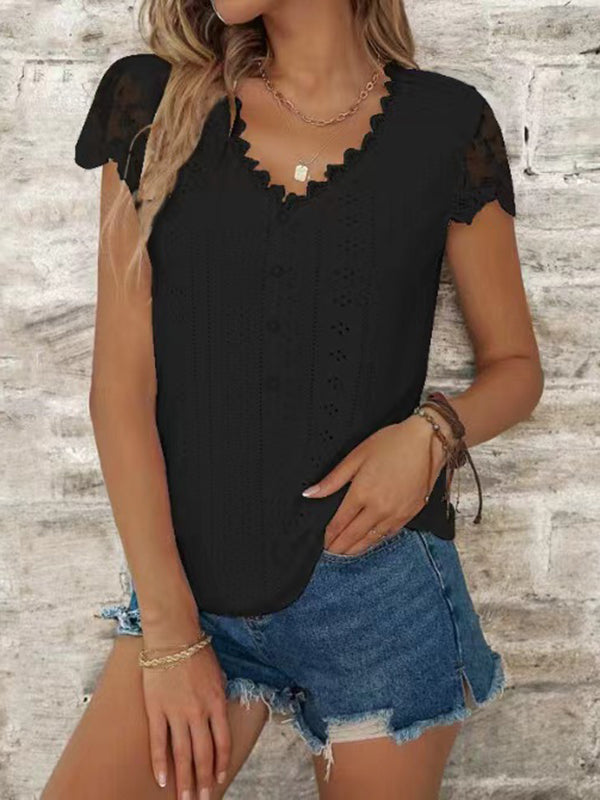 T-shirt ample boutonné ajouré à manches courtes, en résille, à empiècements, à col en V