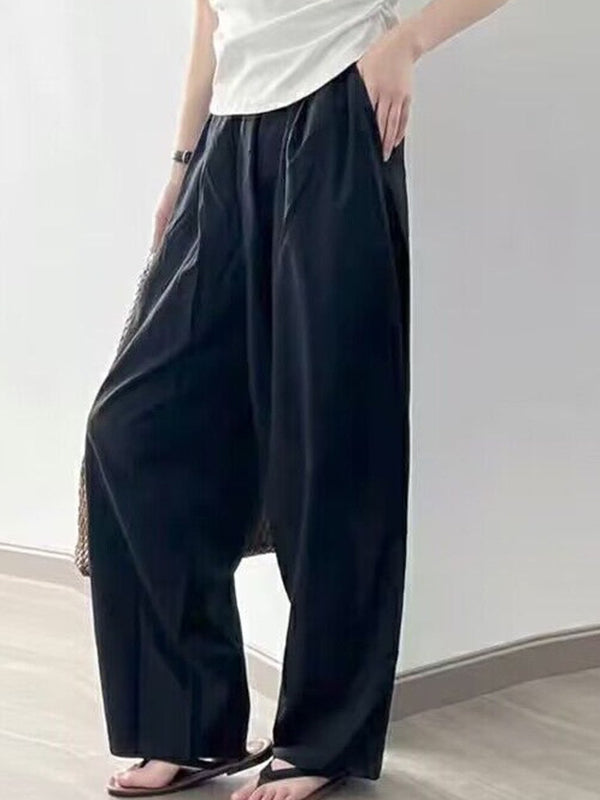 Pantalon ample plissé taille haute, à taille élastique, à poches, couleur unie