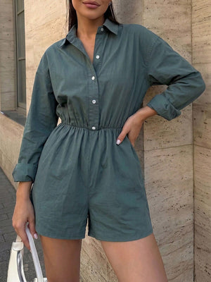 Combishort boutonné à poches, à taille élastique, à jambes larges, à manches longues, à col revers, couleur unie
