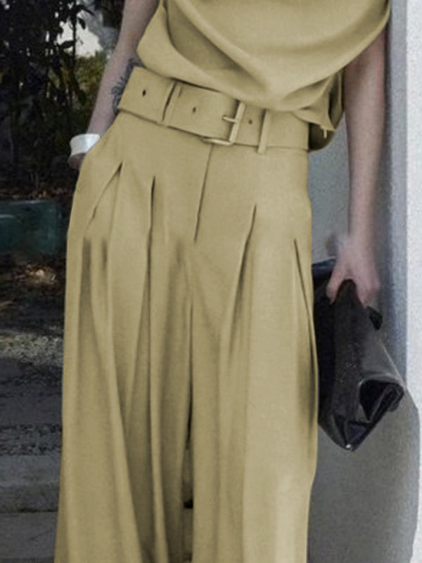 Pantalon ample plissé décontracté à jambes larges, avec ceinture, couleur unie