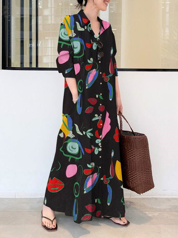 Robe chemise ample boutonnée imprimée à manches longues, à poches, à col revers