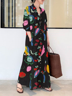Robe chemise ample boutonnée imprimée à manches longues, à poches, à col revers