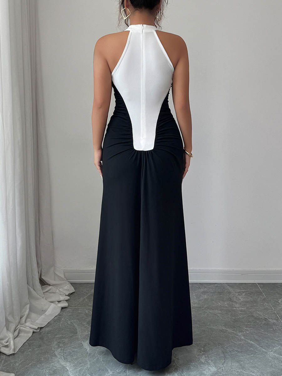 Robe longue boutonnée plissée taille haute, sans manches, à empiècements, à col licou, couleur contrastée