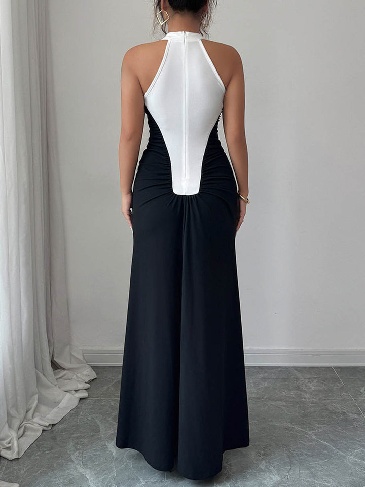 Robe longue boutonnée plissée taille haute, sans manches, à empiècements, à col licou, couleur contrastée