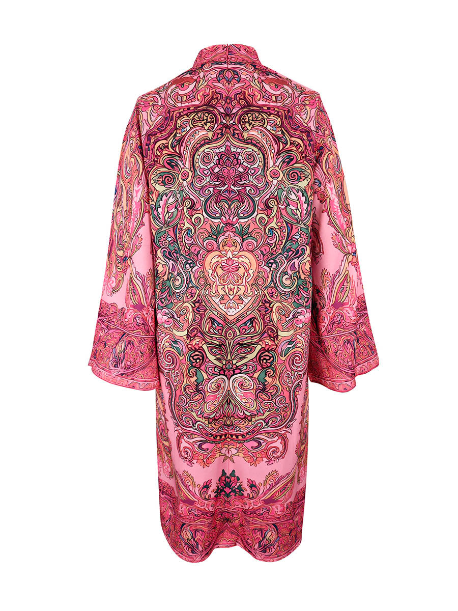 Robe mi-longue ample imprimée à manches longues, à col cheminée, couleur contrastée