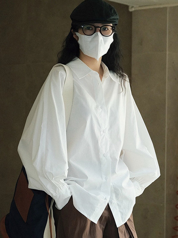 Chemisier décontracté ample à manches bouffantes, à col revers, couleur unie