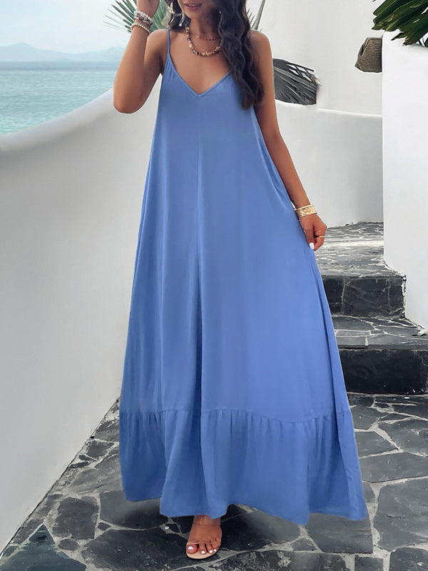Robe longue ample plissée sans manches, à empiècements, à fines bretelles, couleur unie
