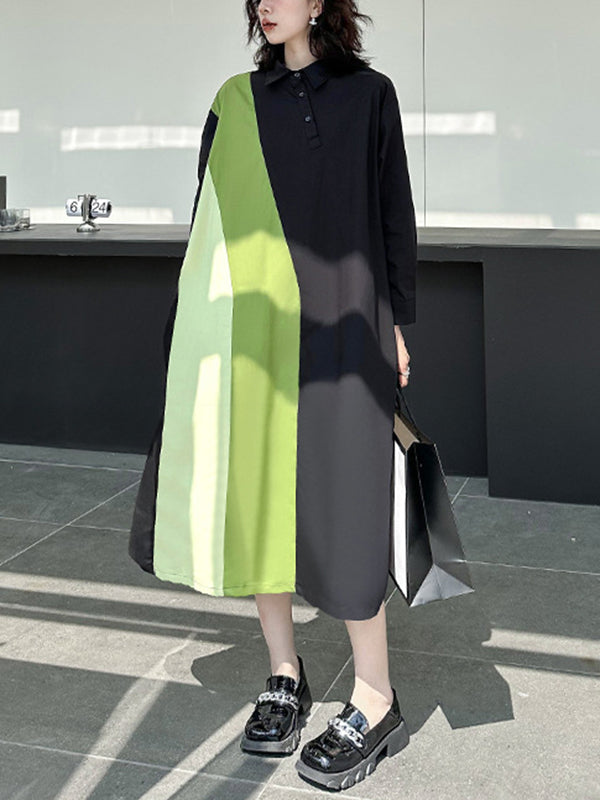 Robe chemise ample asymétrique boutonnée à manches longues, à empiècements, à col revers, couleur contrastée