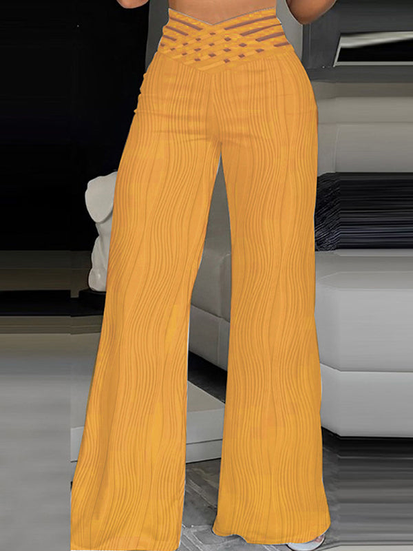 Pantalon ample ajouré plissé à jambes larges, à taille élastique, couleur unie