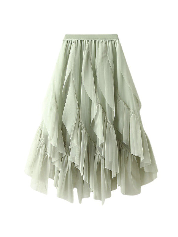 Jupe ample plissée coupe trapèze, à taille élastique, en gaze, à empiècements, couleur unie