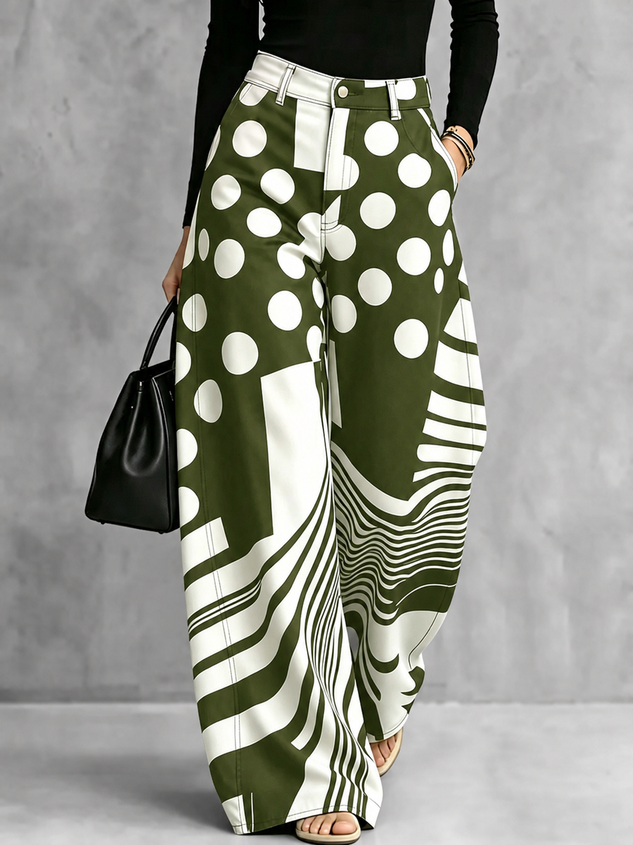 Pantalon rayé boutonné ample à fermeture éclair, à pois, à poches, à jambes larges, couleur contrastée