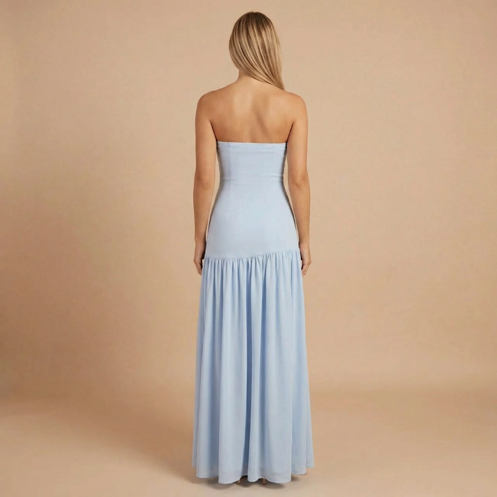 Sharon - Robe maxi sans bretelles avec taille tombante et fronces