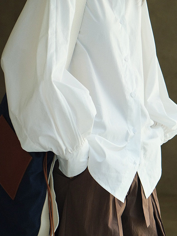 Chemisier décontracté ample à manches bouffantes, à col revers, couleur unie