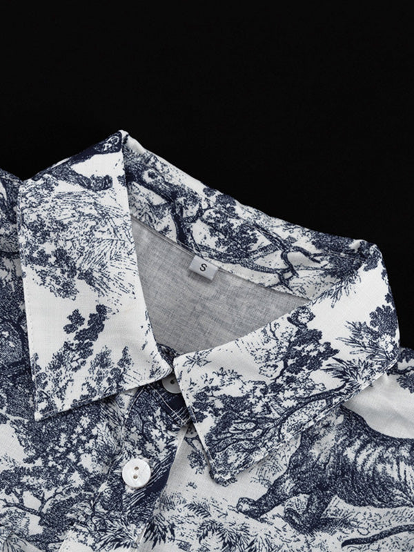 Robe chemise ample plissée imprimée à manches bouffantes, à empiècements, à taille nouée, à col revers
