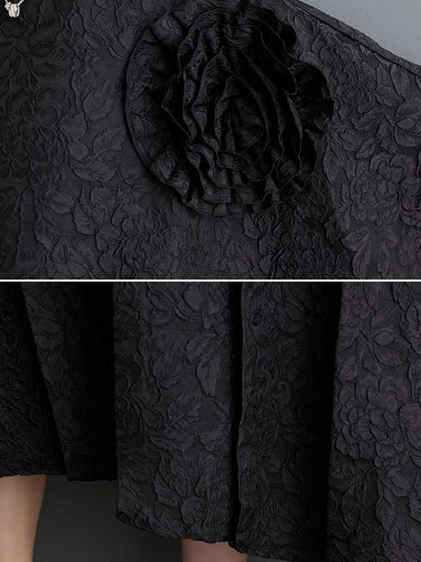 Robe mi-longue ample asymétrique plissée à manches chauve-souris, en forme de fleur, en gaze, en jacquard, à empiècements, à col rond, couleur unie