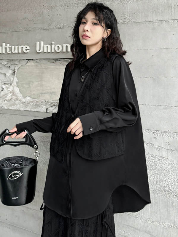 Ensemble deux pièces asymétrique boutonné à empiècements, à cordon de serrage, à imprimé floral, effet deux pièces, à col revers, à poches, à taille élastique, à double rang, couleur unie – chemisier + jupe
