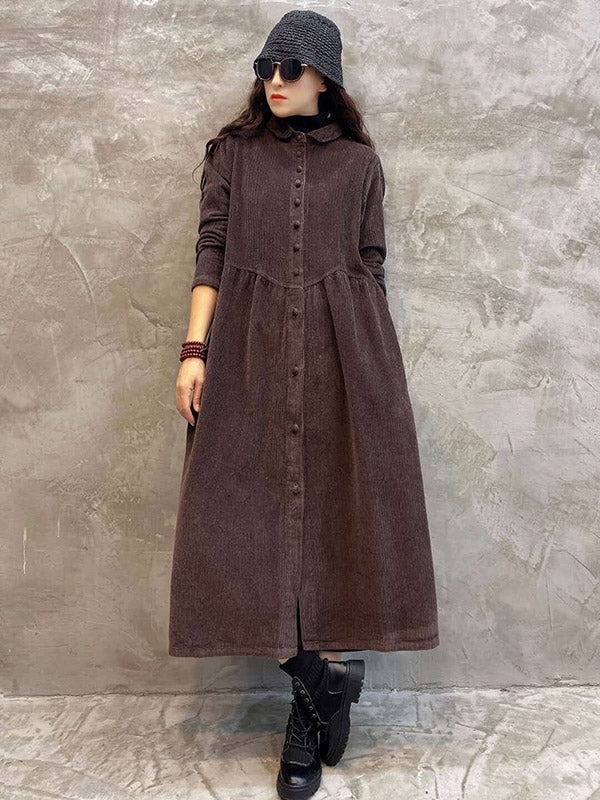 Robe Originale à Revers en Velours Côtelé Uni